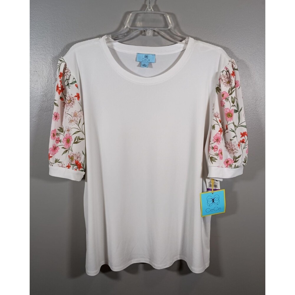 NWT CeCe Nordstrom Floral Mixed Media Sheer Short Puff Sleeve Top Plus Size XXL